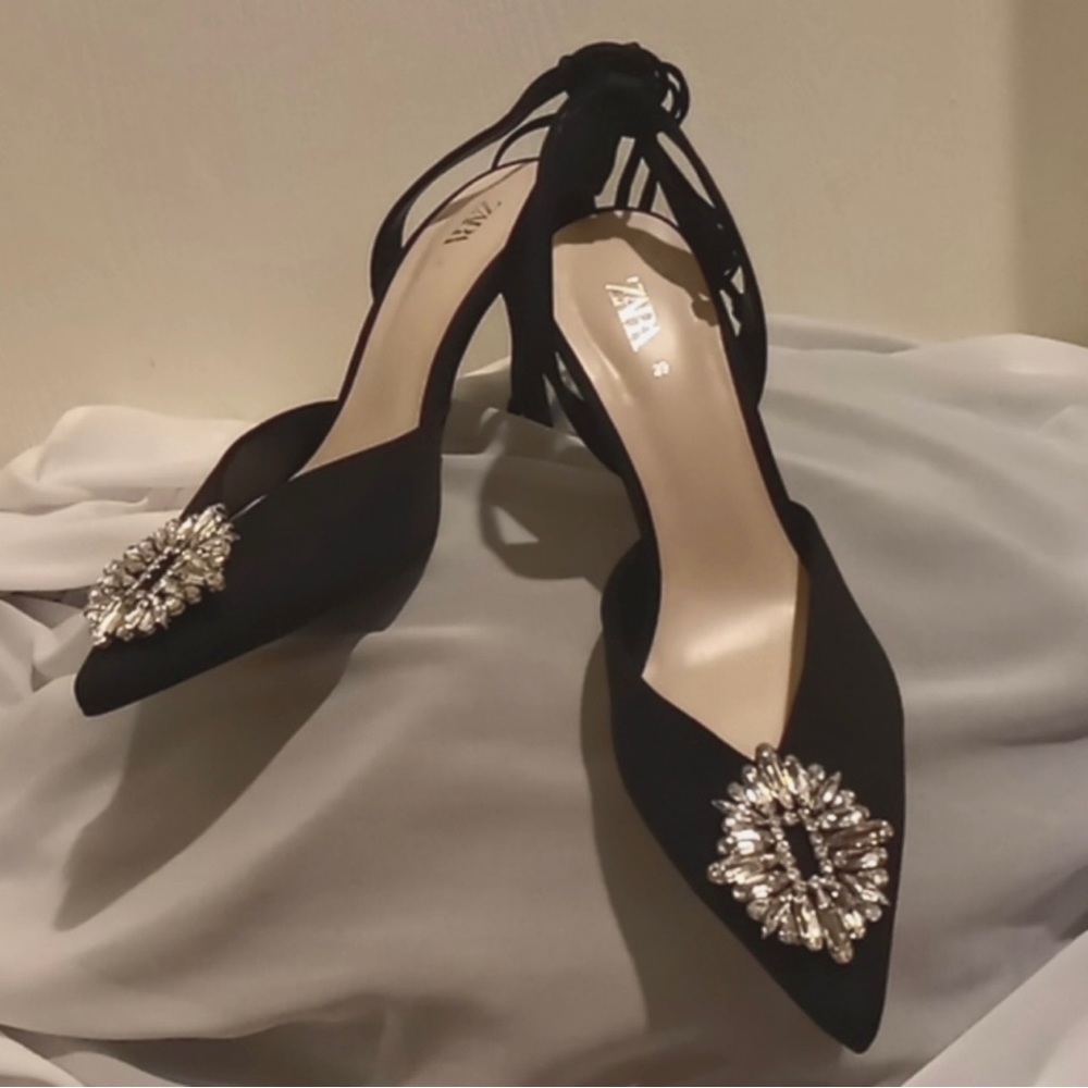 NEW Zara black crystal emebellished pointy toe heels strappy ankle strap 8 / 39